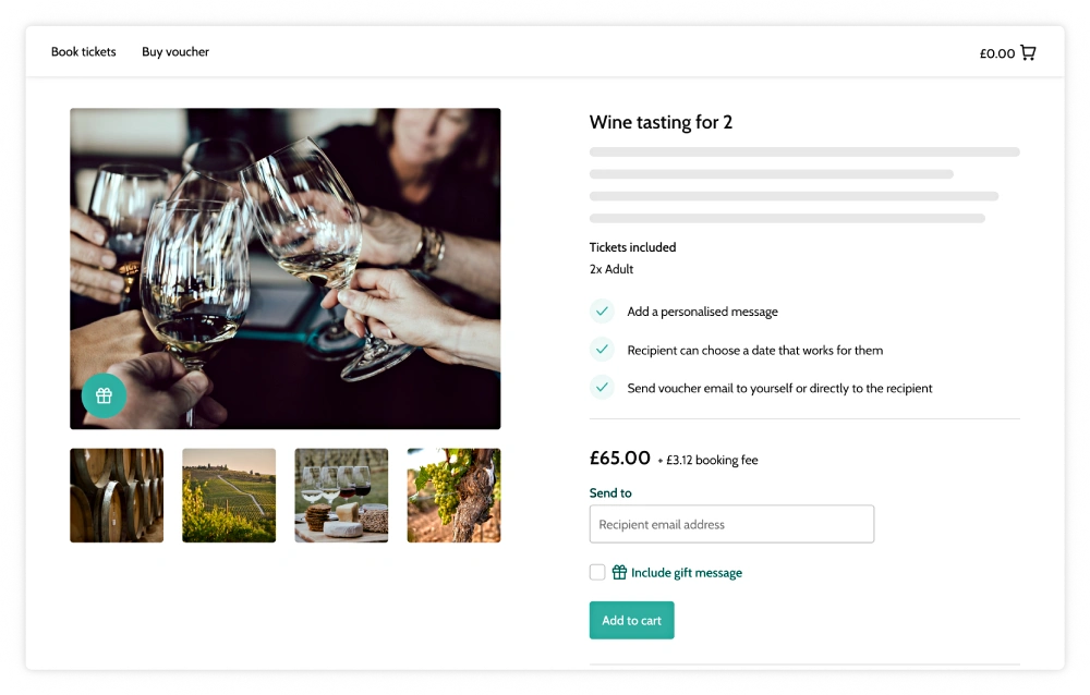 Screenshot of selling gift cards on Beyonk's online ticketing tool